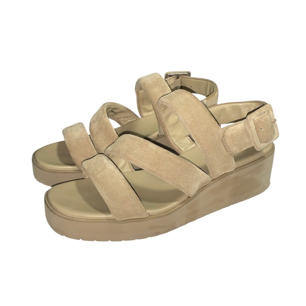 Vince Skylar Platform Sandals Womens 7.5 Beige Suede Wedge Slingback Buckle - Picture 2 of 10